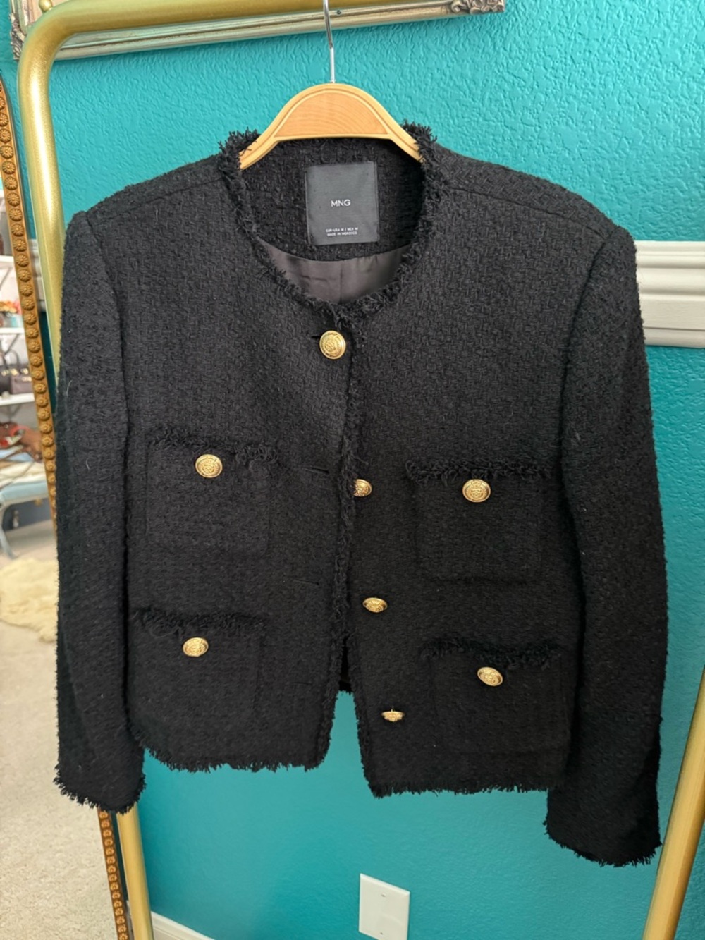 Mango Black Tweed Jacket with Gold Buttons